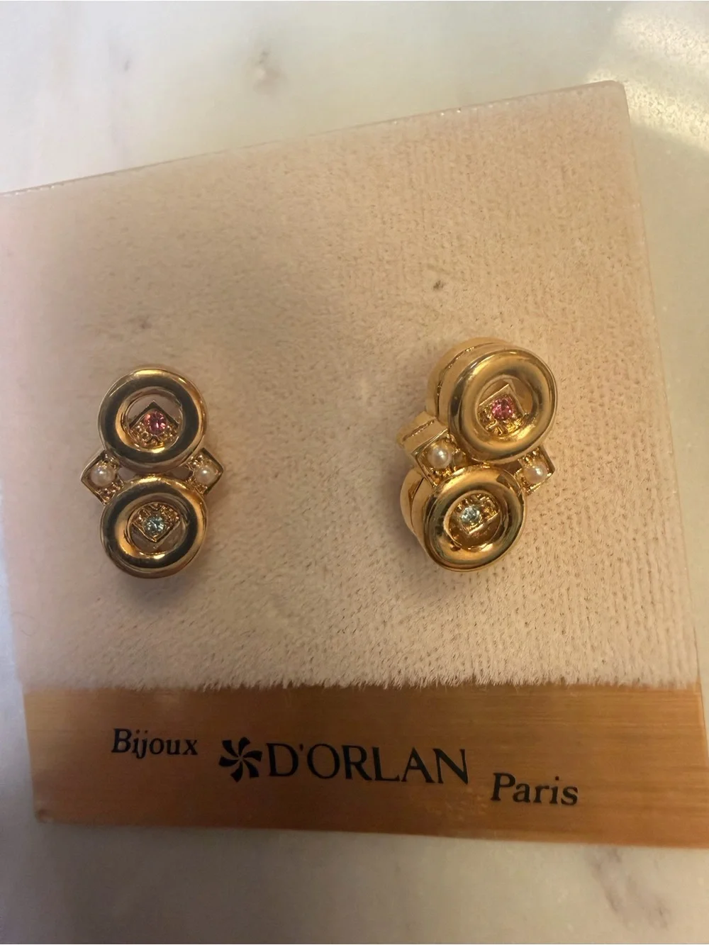 D'Orlan Gold-Plated Double Circle Stud Earrings with Pink & Blue Stones